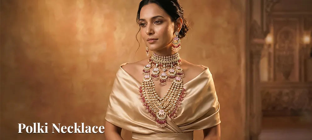 Woman wearing a Polki necklace with a warm