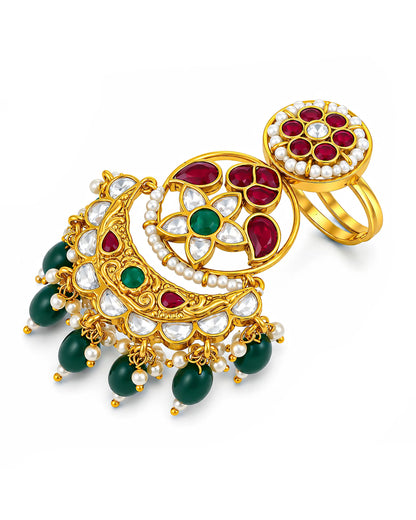 Kundan Adjustable Ring, Traditional Indian Statement Ring, Gold Plated Ethnic Pearl Beaded Cocktail Ring