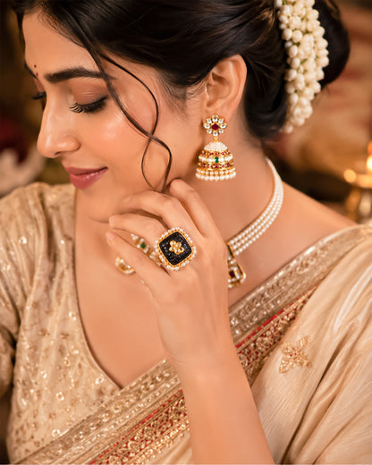 Handmade Carving Stone Kundan Pearl Statement Ring  Gold Plated Adjustable Jhumki Style Ethnic Jewelry Ring