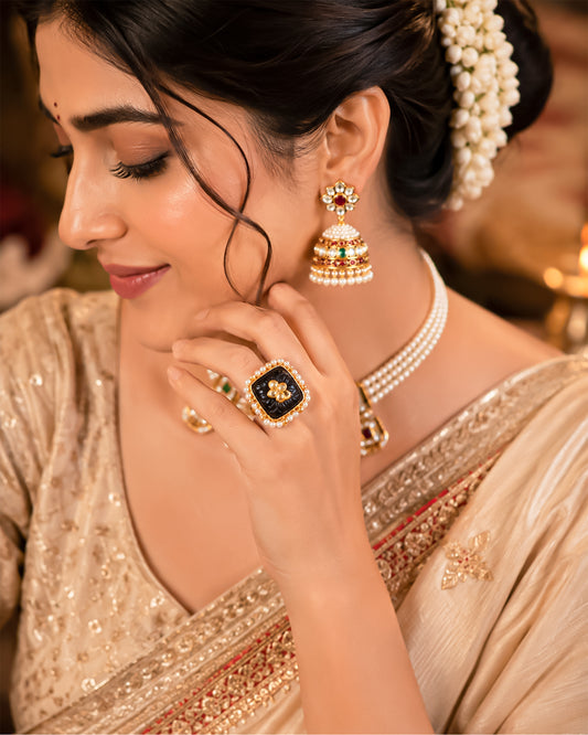 Handmade Carving Stone Kundan Pearl Statement Ring  Gold Plated Adjustable Jhumki Style Ethnic Jewelry Ring