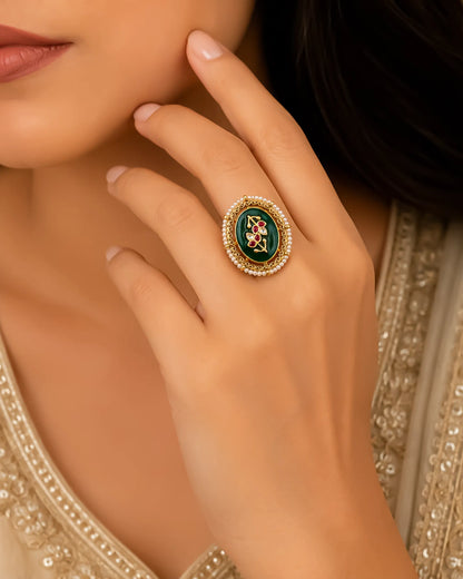Oval Kundan Statement Ring, Green Floral Pearl Border, Traditional Cocktail Jewelry