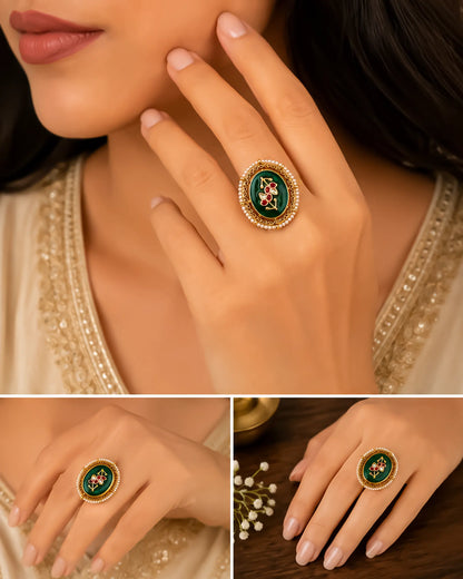 Oval Kundan Statement Ring, Green Floral Pearl Border, Traditional Cocktail Jewelry