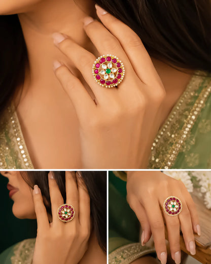 Multicolor Kundan Statement Ring 18k Gold Plated Pink Green Pearl Adjustable Jewelry