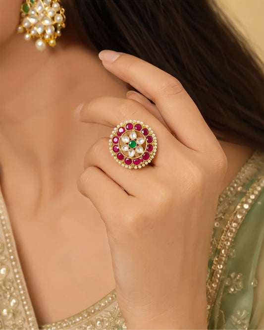 Multicolor Kundan Statement Ring 18k Gold Plated Pink Green Pearl Adjustable Jewelry