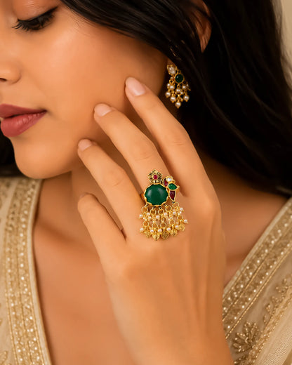 Green Kundan Jhumki Ring with Pearls, 18k Gold Plated Adjustable Statement Ring