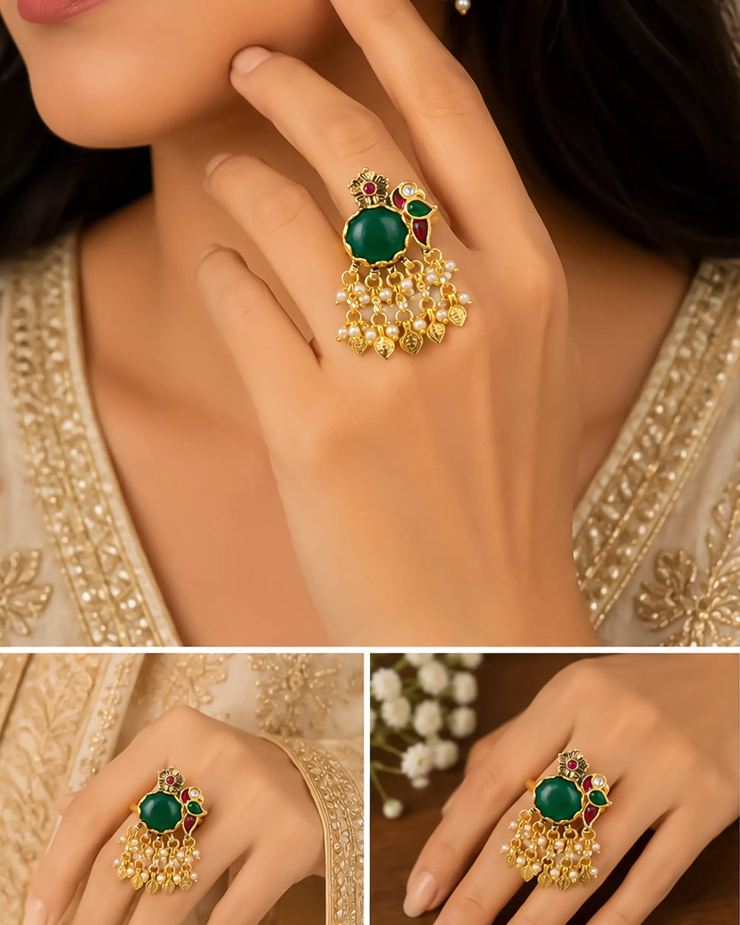 Green Kundan Jhumki Ring with Pearls, 18k Gold Plated Adjustable Statement Ring