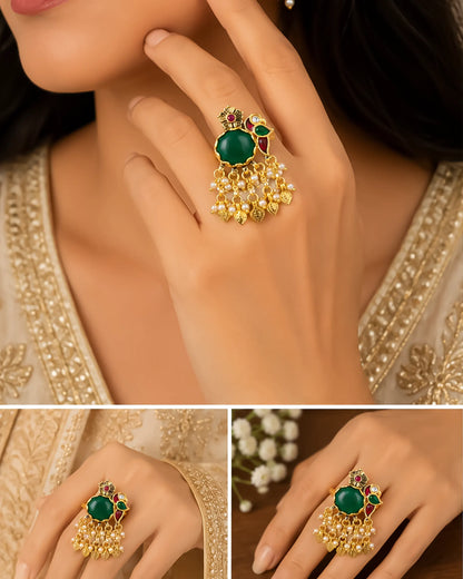 Green Kundan Jhumki Ring with Pearls, 18k Gold Plated Adjustable Statement Ring