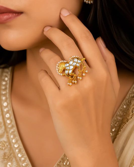 Kundan Adjustable Ring, Traditional Indian Statement Ring, Gold Plated Pearl Ring, Ethnic Bridal Jewelry