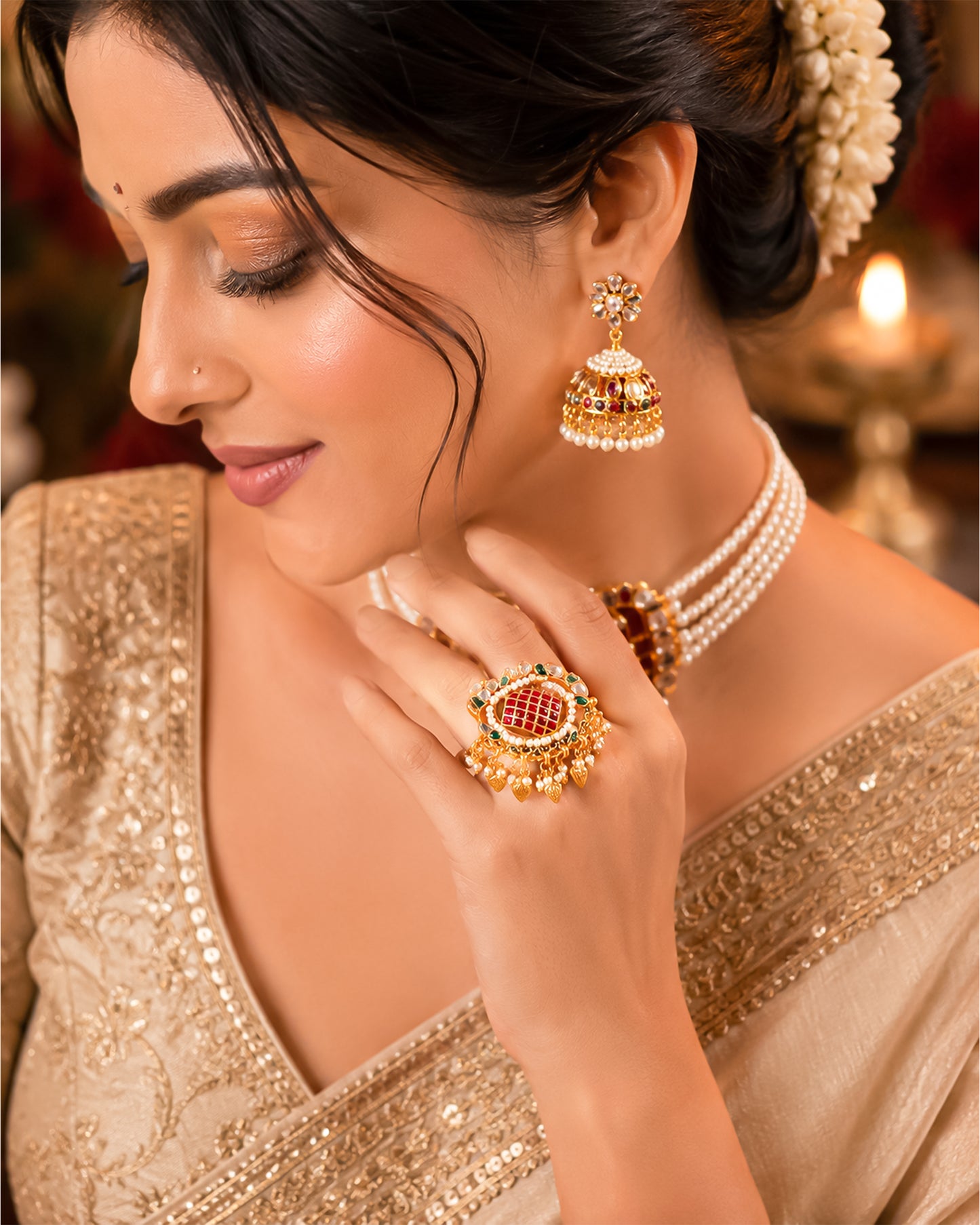 Handcrafted Kundan Statement Ring, Gold Plated Pearls, Green Ruby Pink Ethnic Jewelry