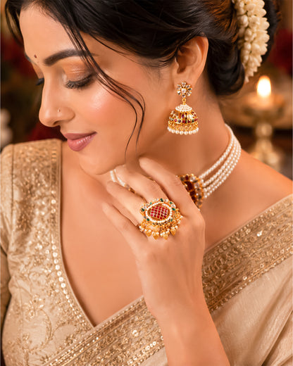 Handcrafted Kundan Statement Ring, Gold Plated Pearls, Green Ruby Pink Ethnic Jewelry