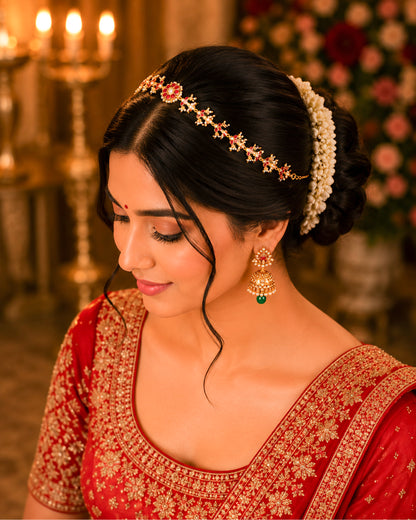 Kundan Sheeshpatti Headpiece with Pearls, Gold Ruby Bridal Jewelry, Wedding Hair Accessory Jewelry