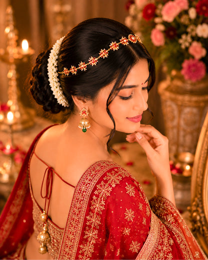 Kundan Sheeshpatti Headpiece with Pearls, Gold Ruby Bridal Jewelry, Wedding Hair Accessory Jewelry