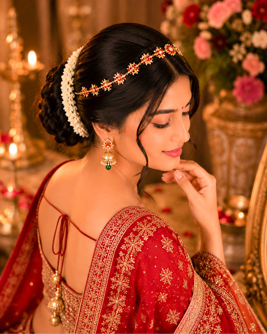 Kundan Sheeshpatti Headpiece with Pearls, Gold Ruby Bridal Jewelry, Wedding Hair Accessory Jewelry