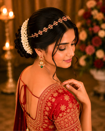 Kundan Sheeshpatti Headpiece with Pearls, Gold Ruby Bridal Jewelry, Wedding Hair Accessory Jewelry