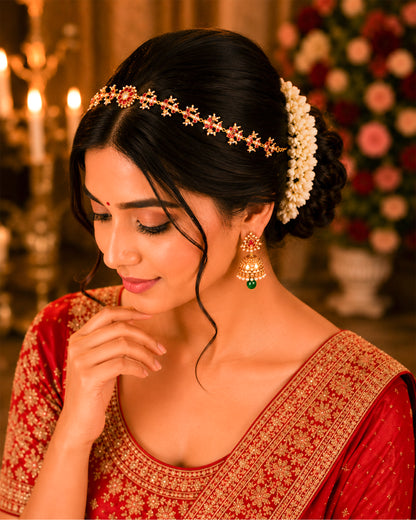 Kundan Sheeshpatti Headpiece with Pearls, Gold Ruby Bridal Jewelry, Wedding Hair Accessory Jewelry