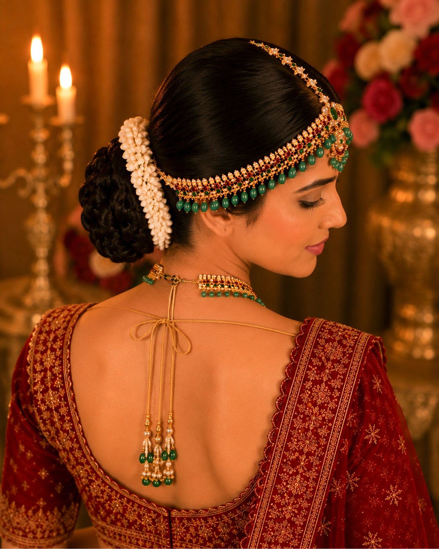 Gold Kundan Pearl Bridal Sheeshpatti Matha Patti Headpiece, Red Green Wedding Jewelry