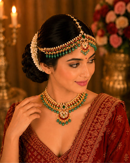 Gold Kundan Pearl Bridal Sheeshpatti Matha Patti Headpiece, Red Green Wedding Jewelry