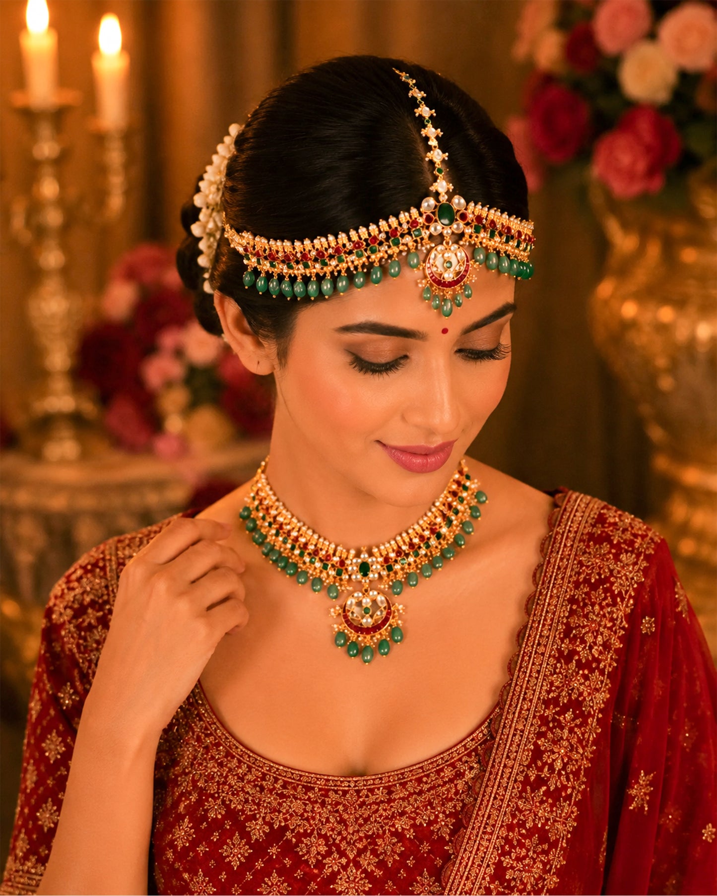 Gold Kundan Pearl Bridal Sheeshpatti Matha Patti Headpiece, Red Green Wedding Jewelry