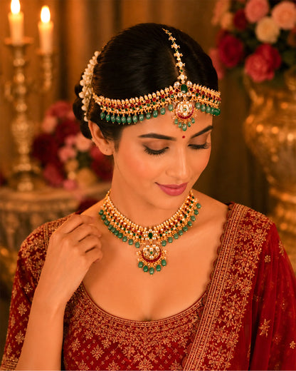 Gold Kundan Pearl Bridal Sheeshpatti Matha Patti Headpiece, Red Green Wedding Jewelry