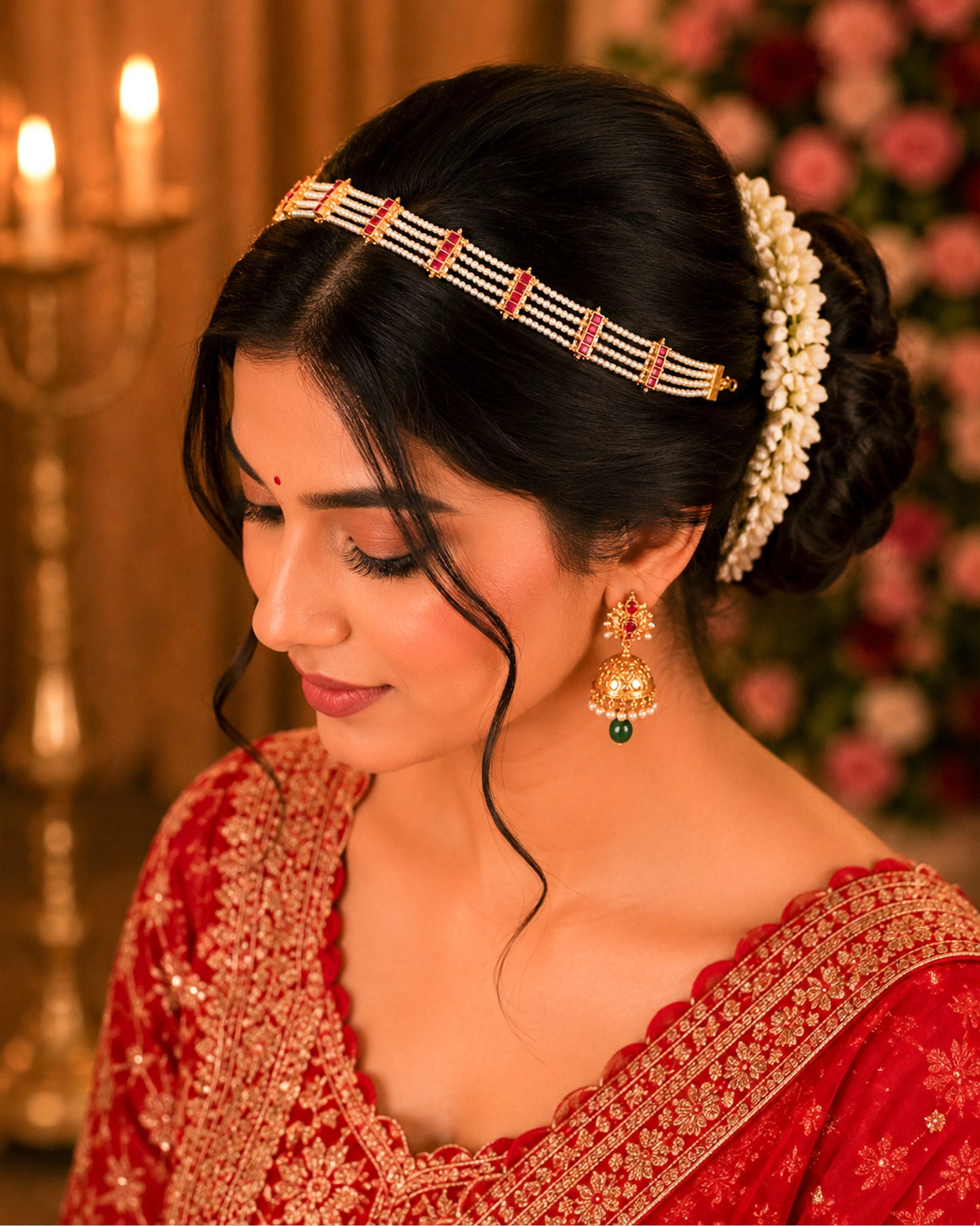 Kundan Pearl Matha Patti, Gold Red Boho Bridal Wedding Headpiece Jewelry