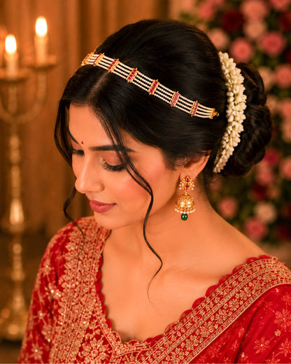 Kundan Pearl Matha Patti, Gold Red Boho Bridal Wedding Headpiece Jewelry