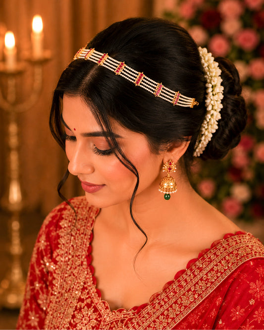 Kundan Pearl Matha Patti, Gold Red Boho Bridal Wedding Headpiece Jewelry