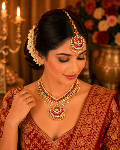 Bridal Kundan Sheeshpatti Matha Patti with Pendant, Indian Wedding Head Jewelry, Gold Pearl Multicolor Headpiece