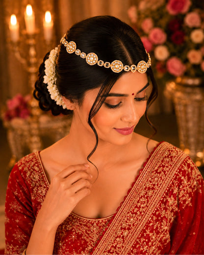 Handmade Gold-Plated Kundan Pearl Bridal Sheeshpatti Maang Tikka Headpiece Jewelry For Wife