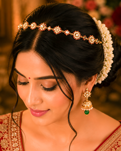 Kundan Sheeshpatti Headpiece with Pearls, Gold Ruby Bridal Jewelry, Wedding Hair Accessory Jewelry