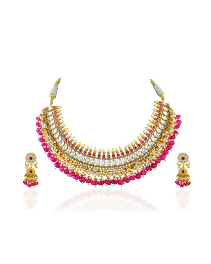 Gold Kundan Choker Necklace Set with Pink Beads, Pearls, Traditional Bridal Jewelry
