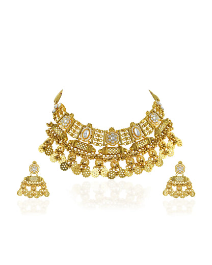 Indian Traditional Kundan Necklace Set in Antique Gold Finish