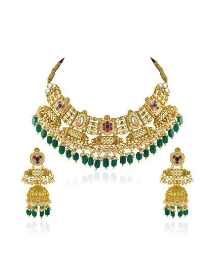 Bridal Kundan Necklace Set, Gold Plated Choker, Green Beaded Indian Wedding Jewelry