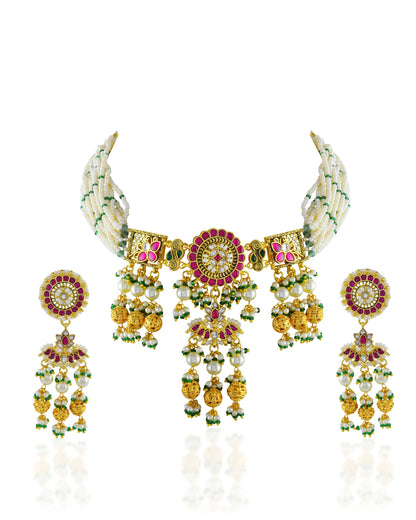 Handcrafted Pearl Choker Necklace Set, Gold Kundan Peacock Jewelry, Bridal Statement Earrings