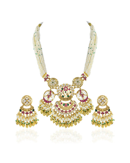 Multi Strand Pearl Antique Necklace Set, Kundan Meenakari Bridal Jewelry, Traditional Gold Statement Necklace