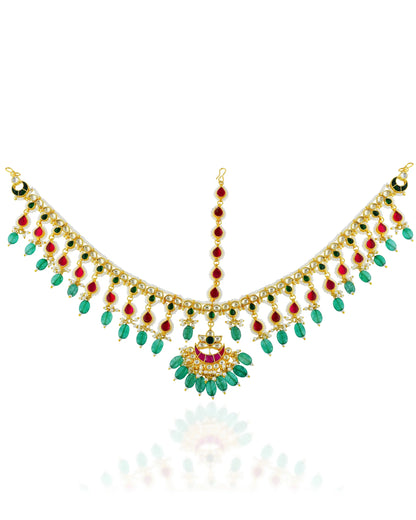 Indian Bridal Kundan Pearl Sheeshpatti Matha Patti Headpiece, Gold Wedding Tikka with Ruby & Green Stones, Bridal Hair Accessory