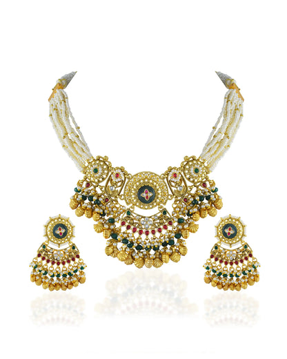 Antique Gold Kundan Meenakari Choker Necklace Set with Earrings, Indian Bridal Jewelry