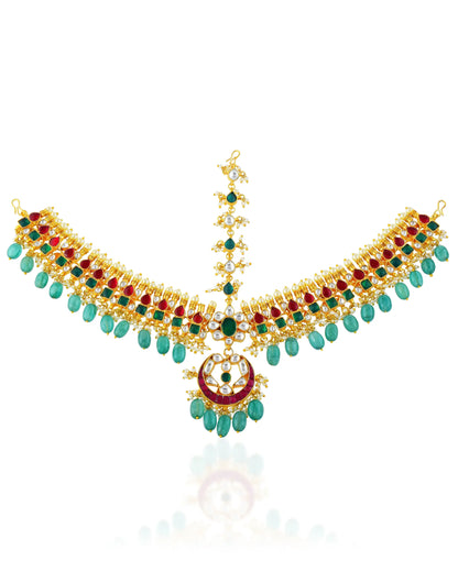 Gold Kundan Pearl Bridal Sheeshpatti Matha Patti Headpiece, Red Green Wedding Jewelry
