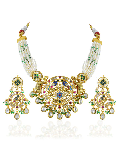 Peacock Kundan Pearl Necklace Set, Indian Bridal Gold Wedding Jewelry