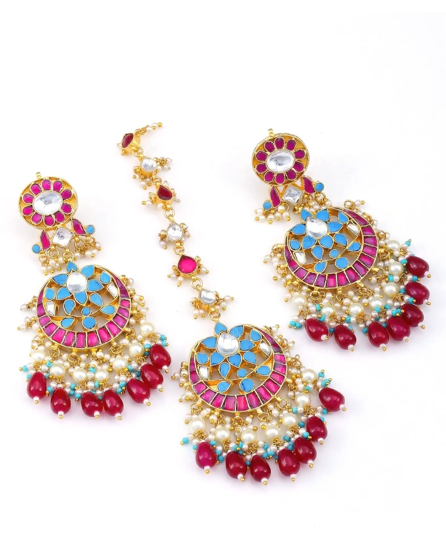 Gold-Plated Kundan Chandbali Earrings with Maang Tikka, Pearl Drop Indian Jewelry