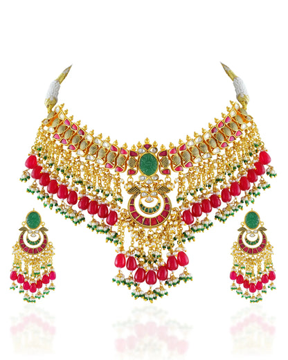 Traditional Regal Kundan Choker Set with Ruby Red and Emerald Green Hanging Beads