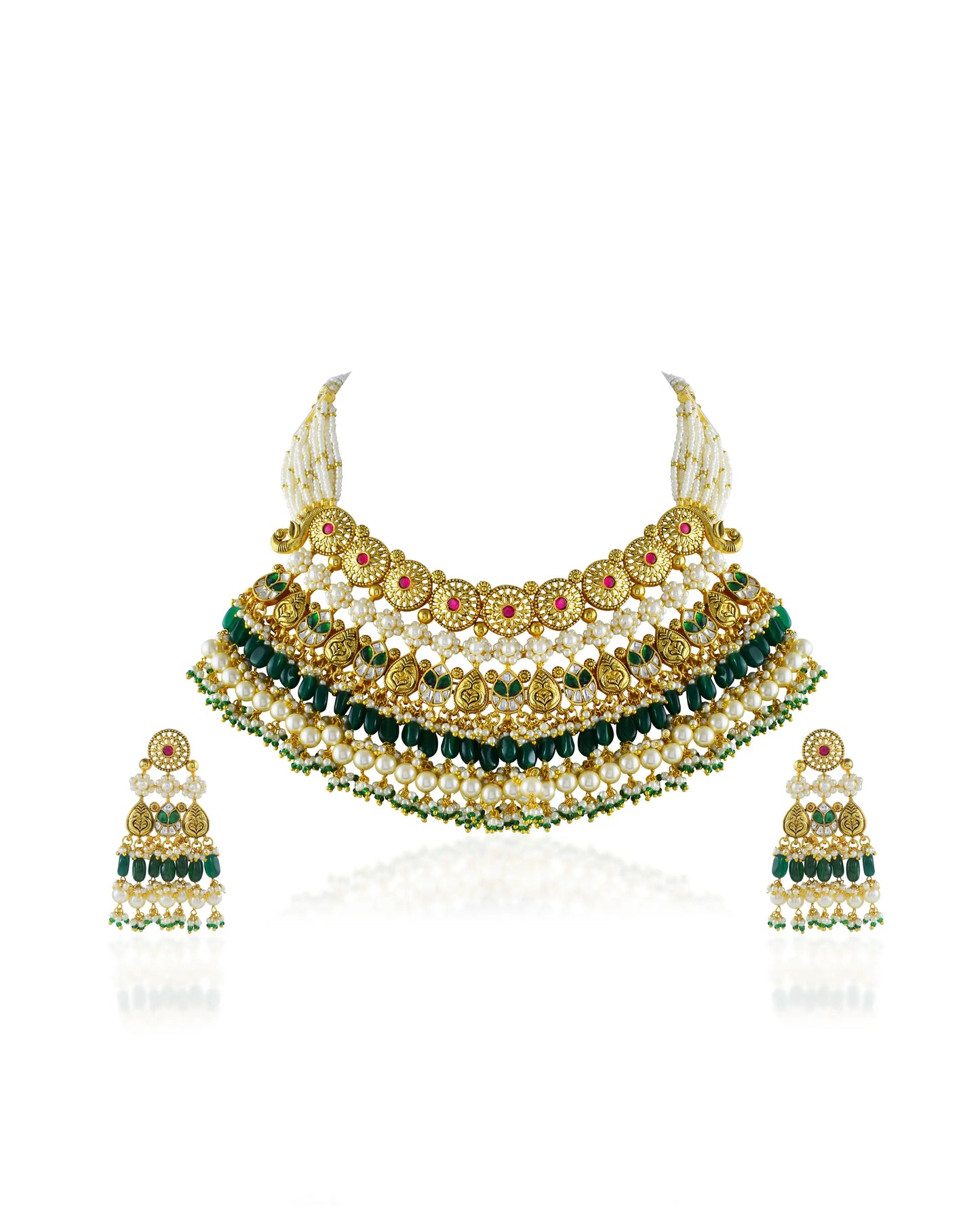 Bridal Pearl Choker Necklace Set, Gold Indian Wedding Jewelry, Kundan Style