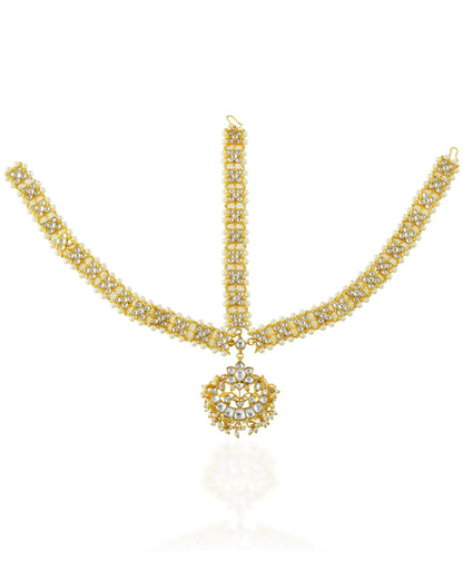 Handmade Gold-Plated Kundan Pearl Bridal Sheeshpatti Maang Tikka Headpiece Jewelry For Wife