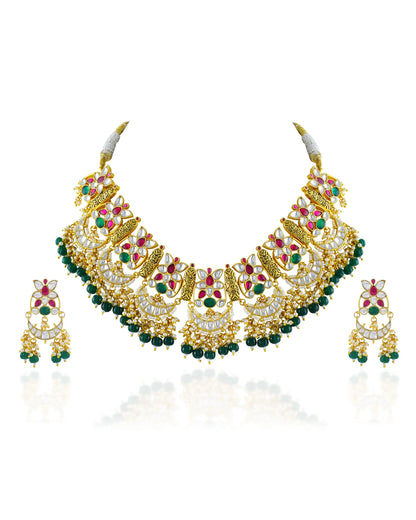 Indian Kundan Pearl Necklace Earrings Set, Green Gold Bridal Jewelry