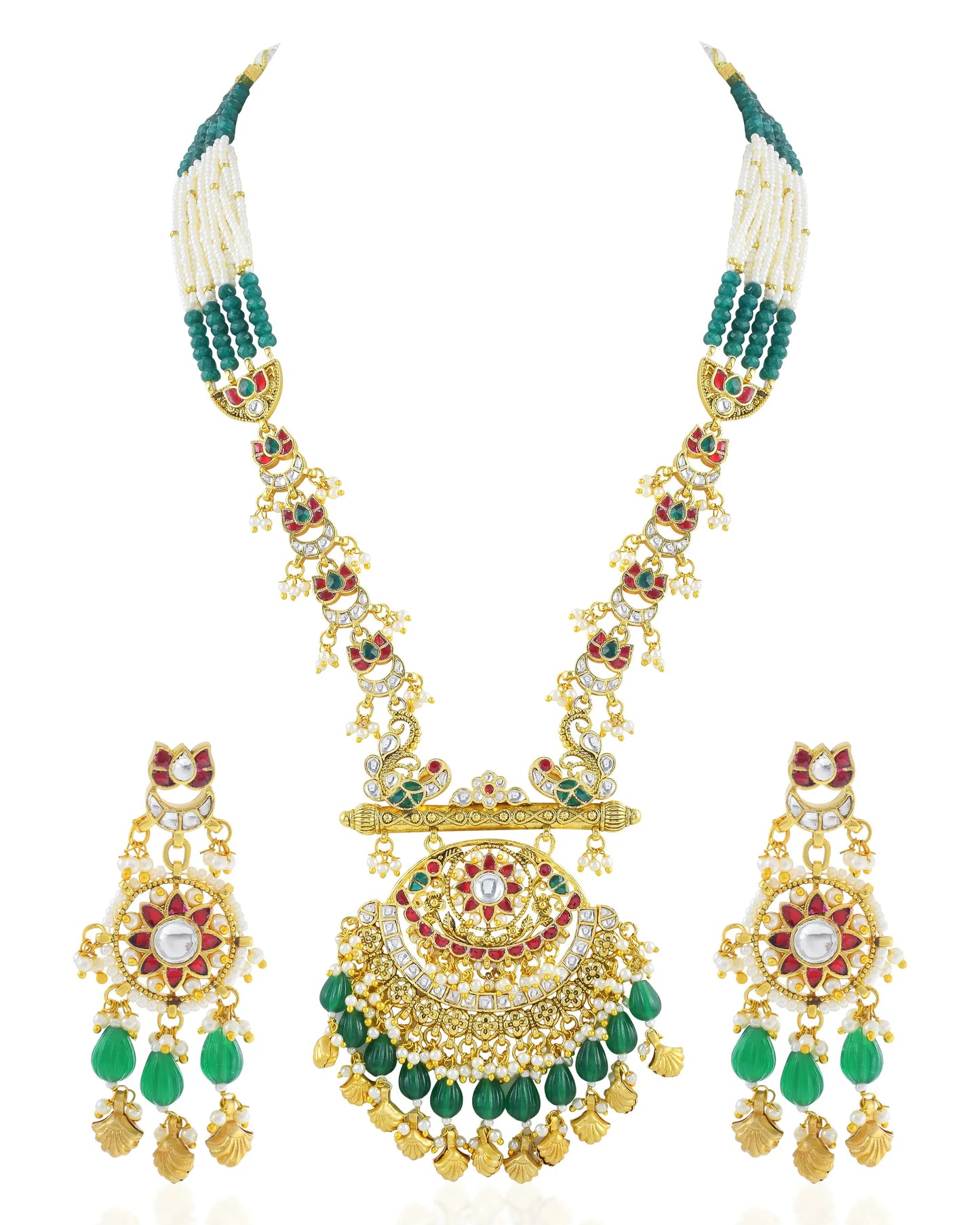 Kundan Necklace Set, Green Beads, Gold Choker, Bridal Wedding Jewelry