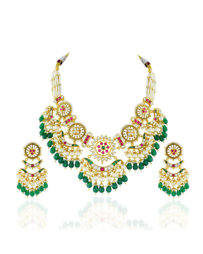 Indian Bridal Necklace Set, Gold Kundan Choker with Green Beads, Pearl Drops