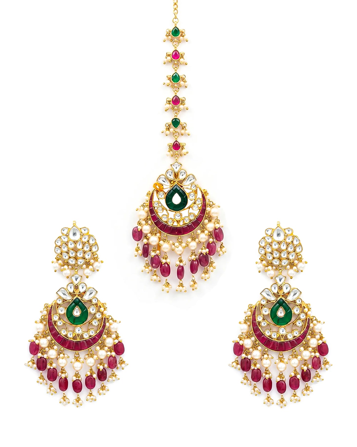Handmade Kundan Bridal Jewelry Set: Green & Pearl Maang Tikka Earrings
