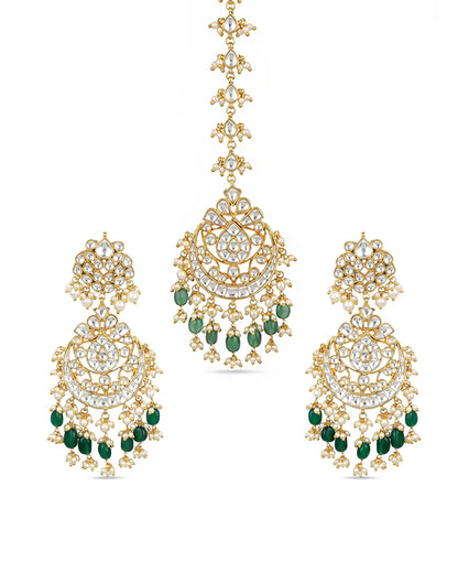 Classic Handmade White Kundan Pearl Maang Tikka & Earrings Set with Green Beads Jewelry