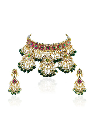 Bridal Antique Gold Choker Necklace Set with Earrings Kundan Meenakari and Green Beads