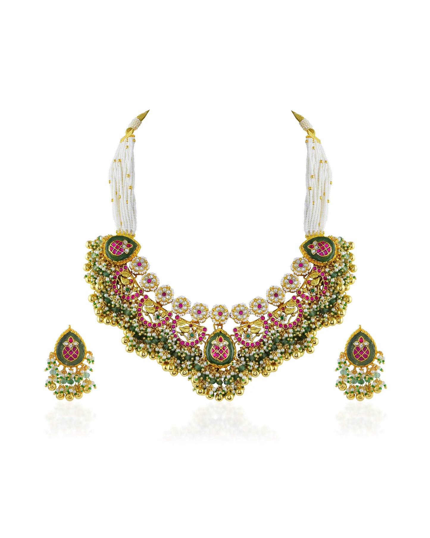 Antique Gold Plated Kundan Necklace Set, Pink Green Stone Bridal Choker