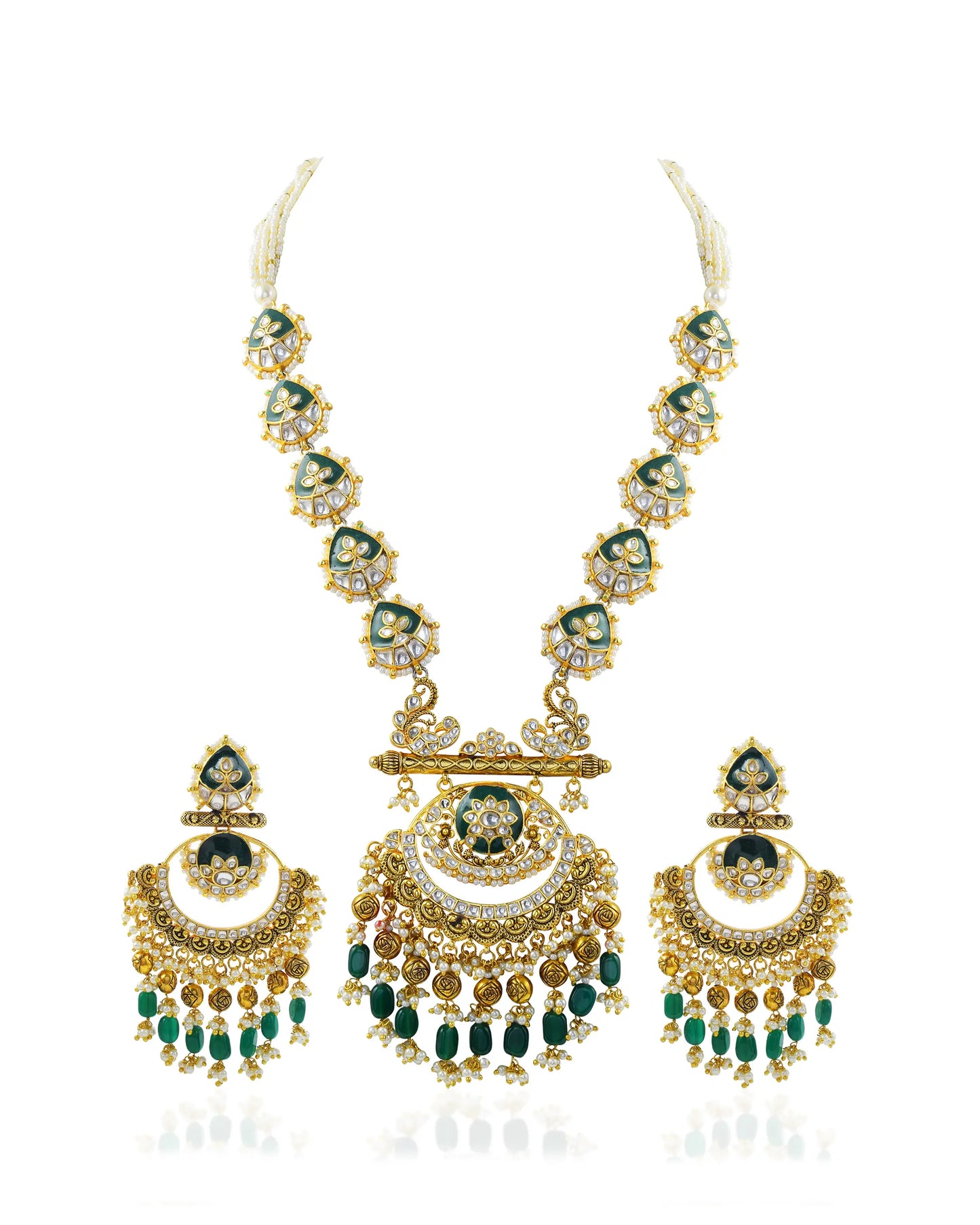 Handmade Kundan Bridal Necklace Set, Green Pearl Gold Statement Wedding Jewelry
